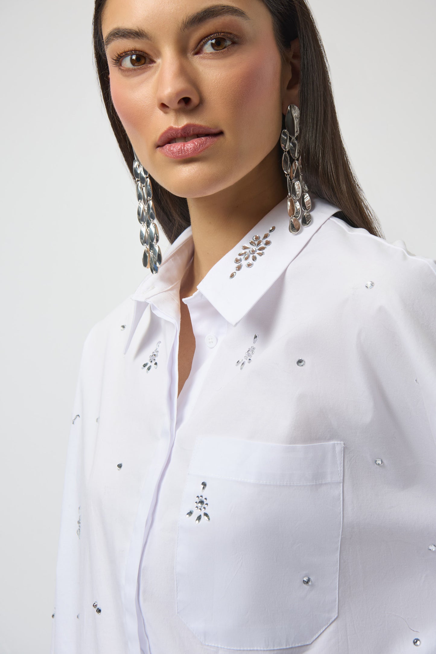 Stretch Poplin Boxy Blouse with Rhinestones 254924