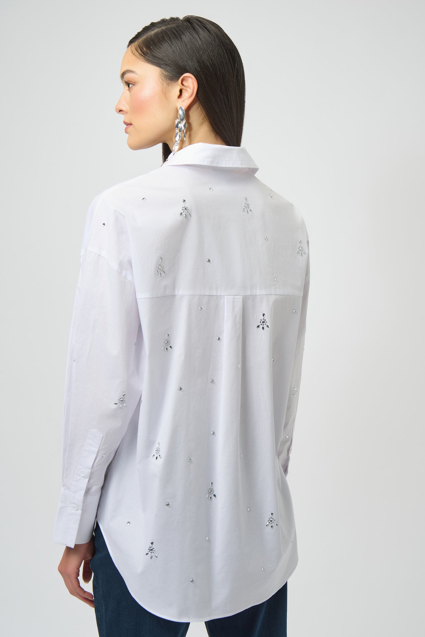 Stretch Poplin Boxy Blouse with Rhinestones 254924