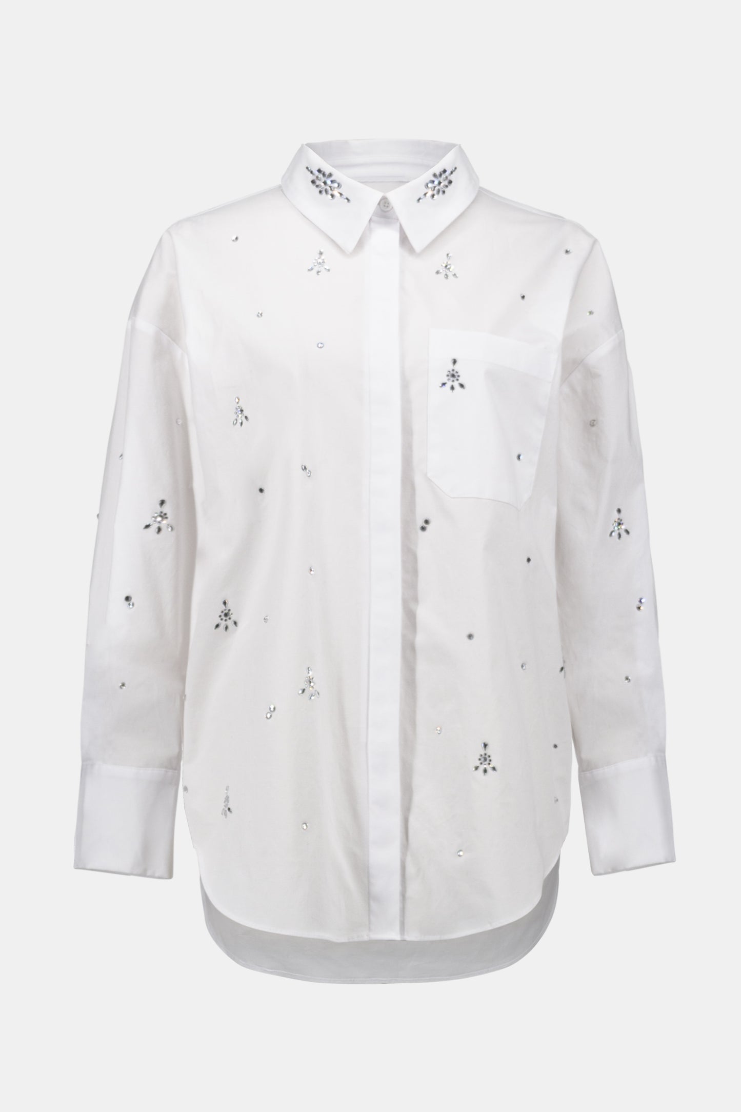 Stretch Poplin Boxy Blouse with Rhinestones 254924