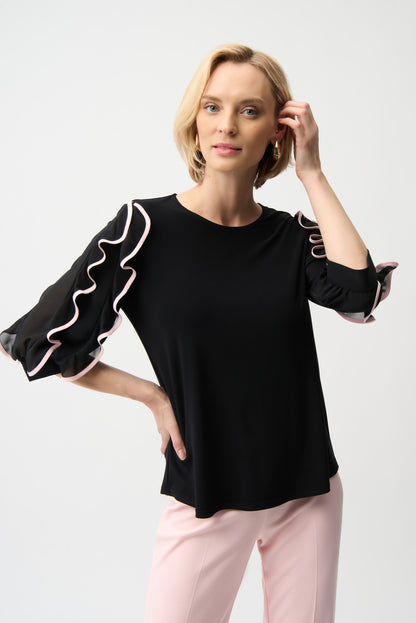 Silky Knit Top with Chiffon Ruffled Sleeves 261009