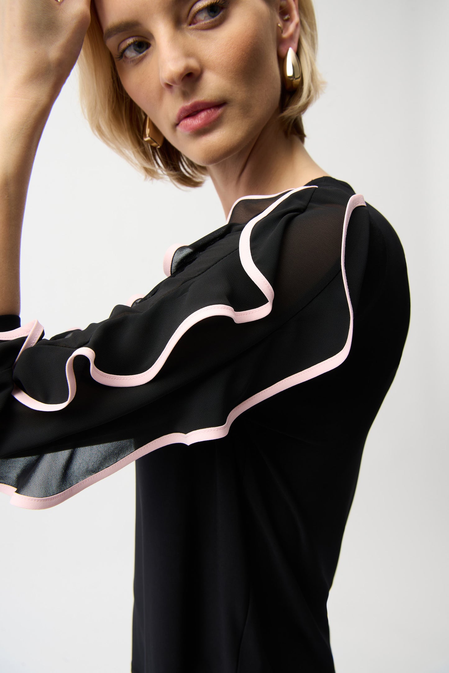Silky Knit Top with Chiffon Ruffled Sleeves 261009