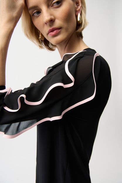 Silky Knit Top with Chiffon Ruffled Sleeves 261009