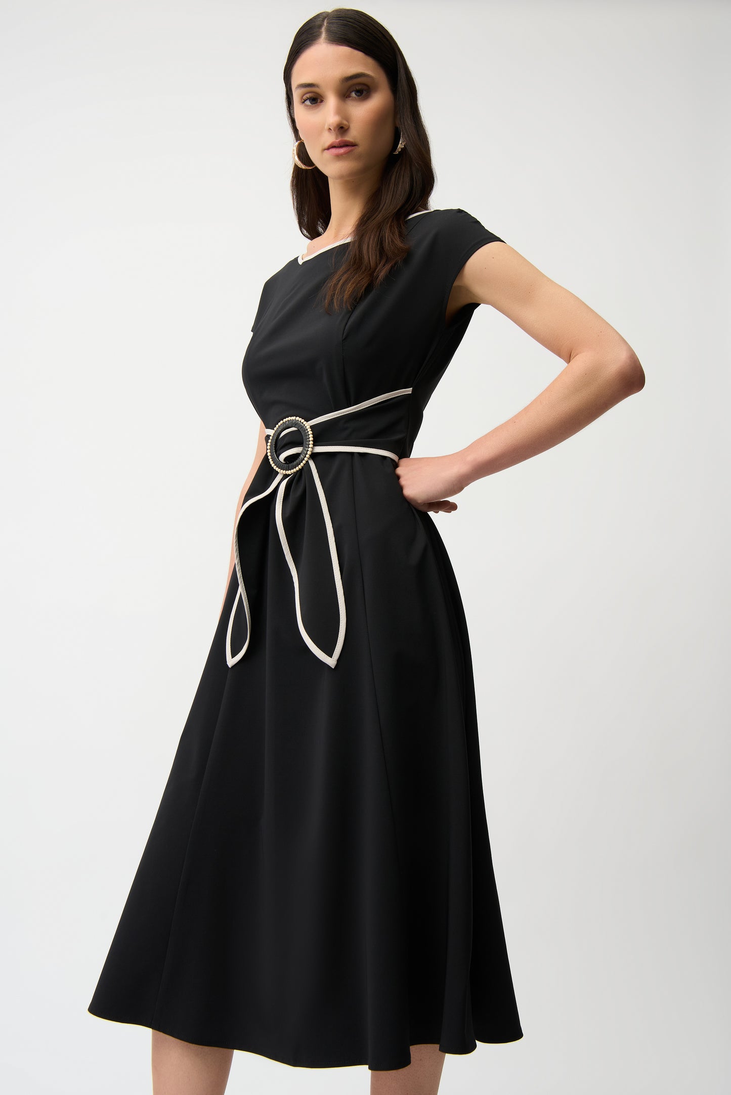 Stretch Woven Color Block Fit and Flare Dress With Sash 261051