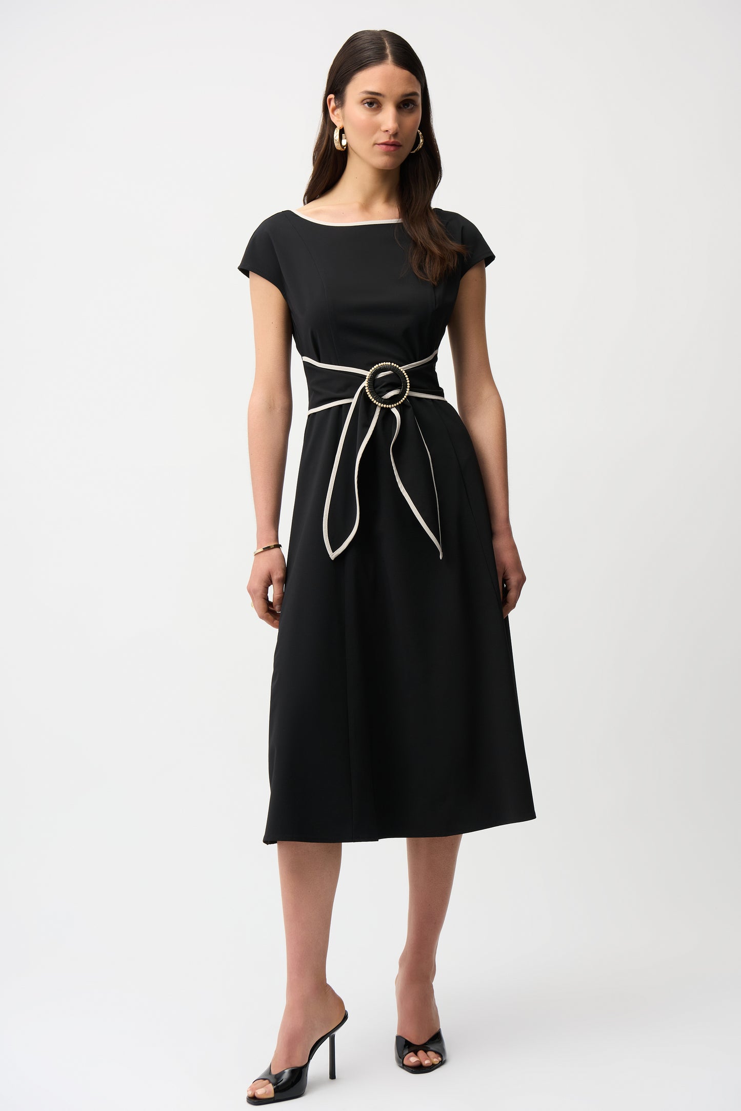 Stretch Woven Color Block Fit and Flare Dress With Sash 261051
