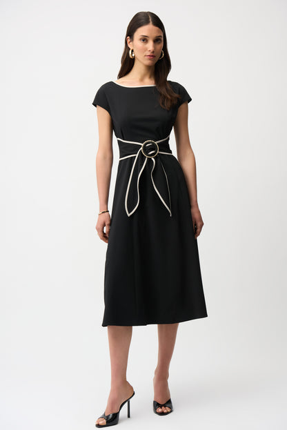 Stretch Woven Color Block Fit and Flare Dress With Sash 261051