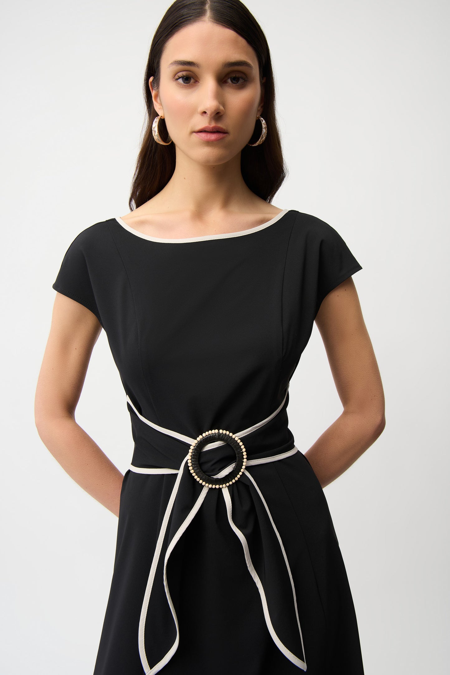 Stretch Woven Color Block Fit and Flare Dress With Sash 261051