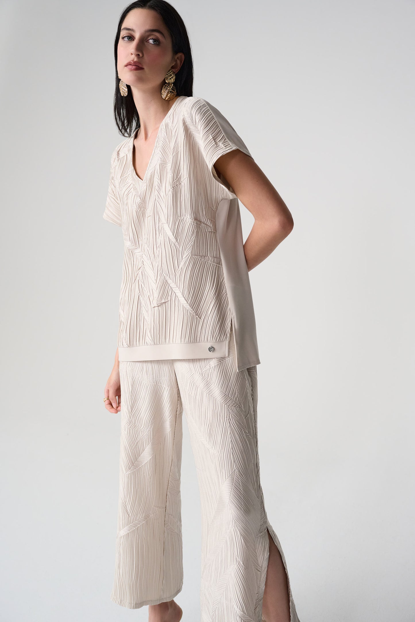 Pleated Satin Boxy Top With Silky Knit Back 261160