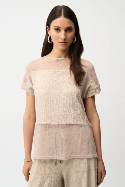 Seersucker and Mesh Boxy Top With Boat Neckline 261247
