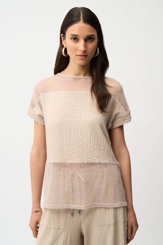 Seersucker and Mesh Boxy Top With Boat Neckline 261247