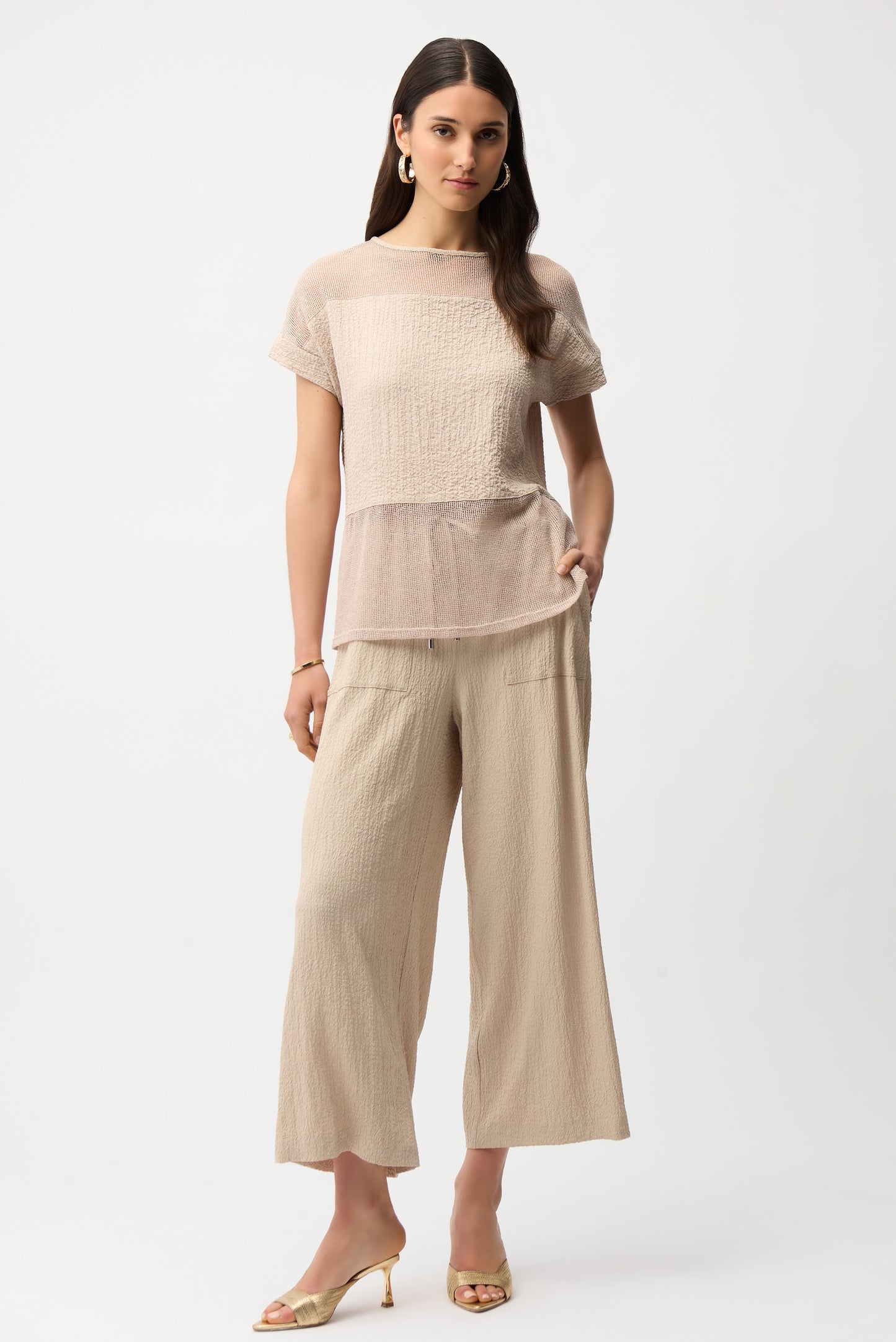 Seersucker and Mesh Boxy Top With Boat Neckline 261247