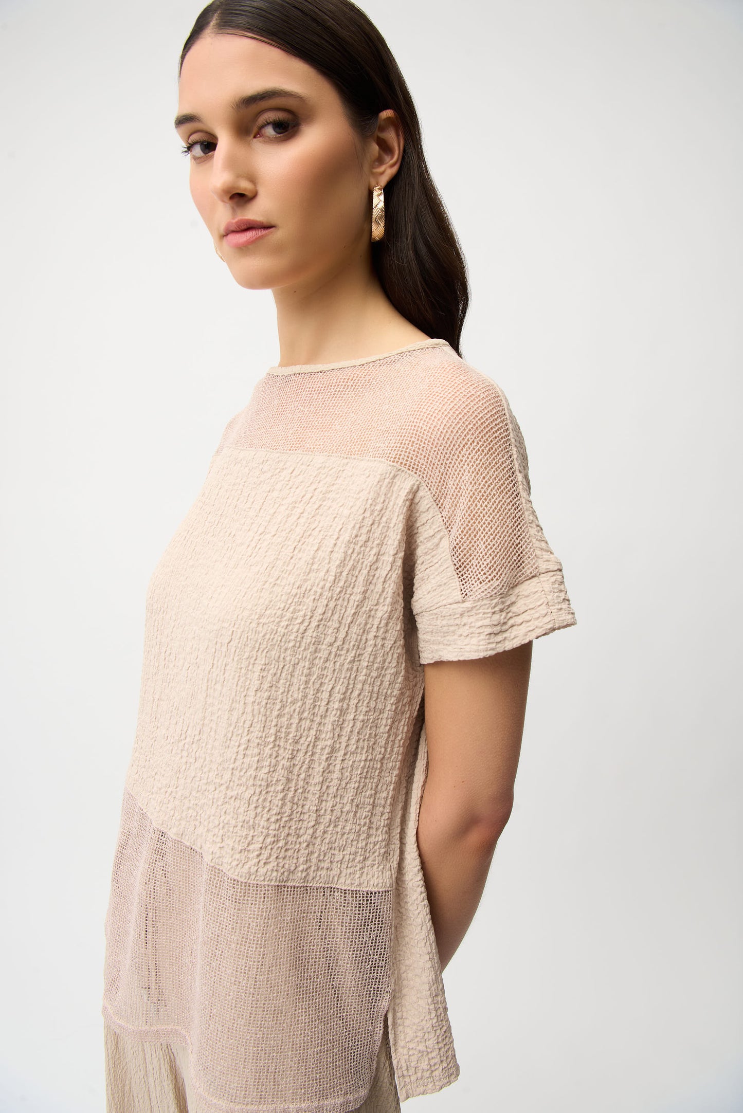 Seersucker and Mesh Boxy Top With Boat Neckline 261247