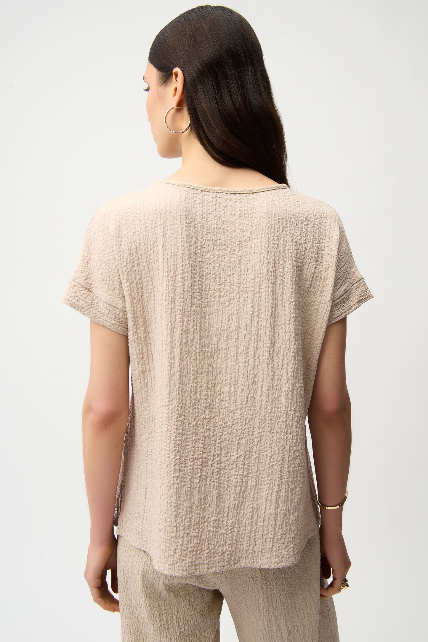 Seersucker and Mesh Boxy Top With Boat Neckline 261247