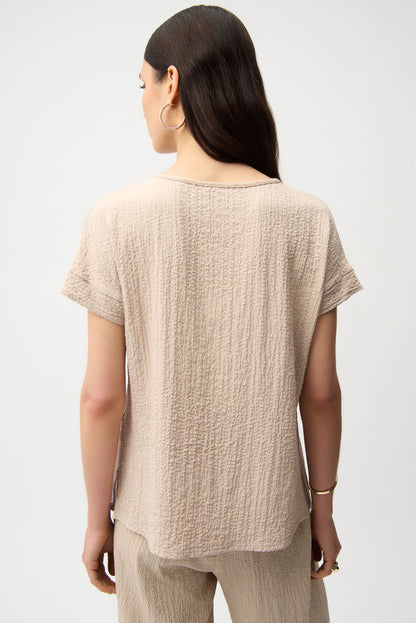 Seersucker and Mesh Boxy Top With Boat Neckline 261247