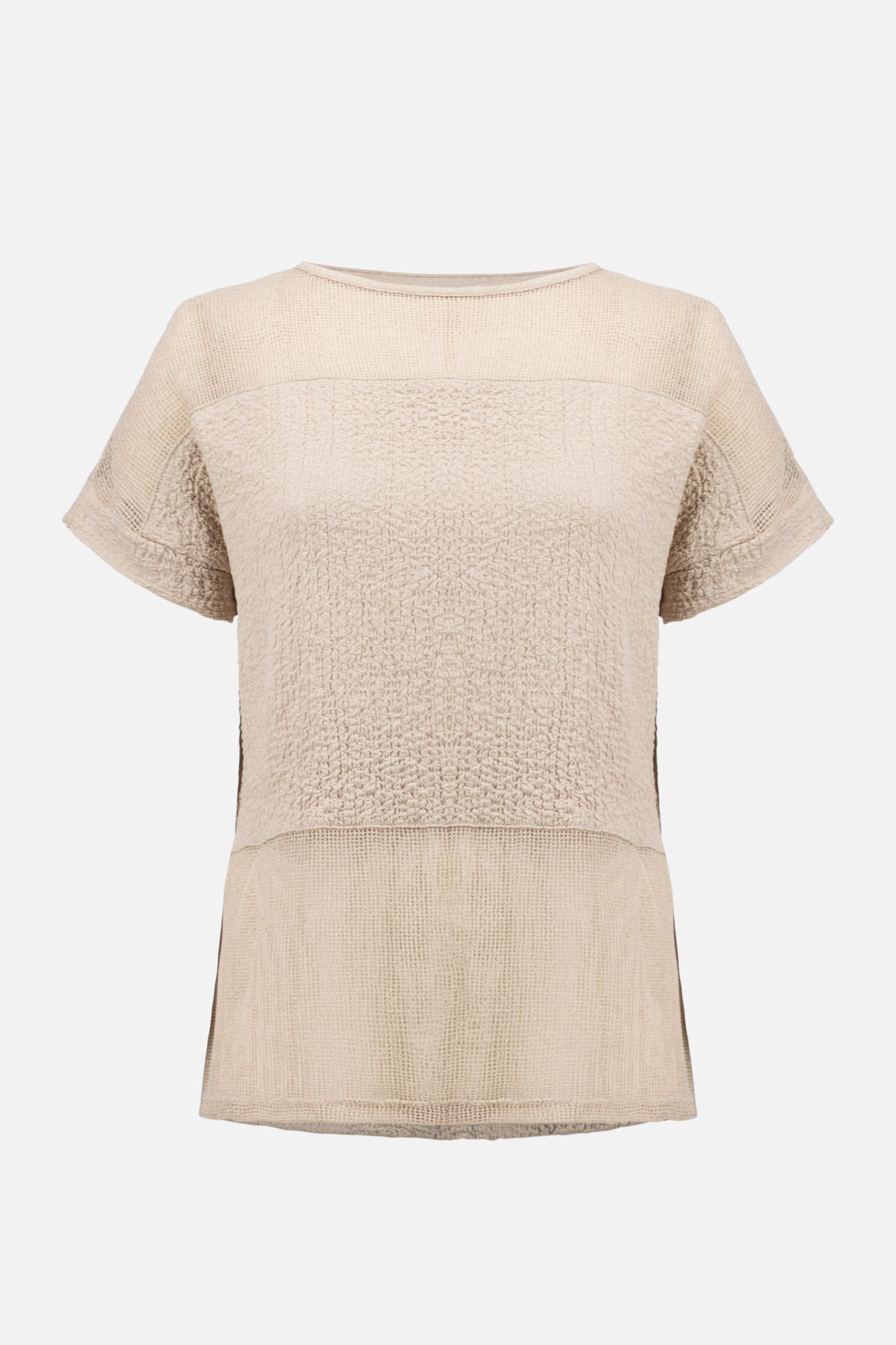 Seersucker and Mesh Boxy Top With Boat Neckline 261247