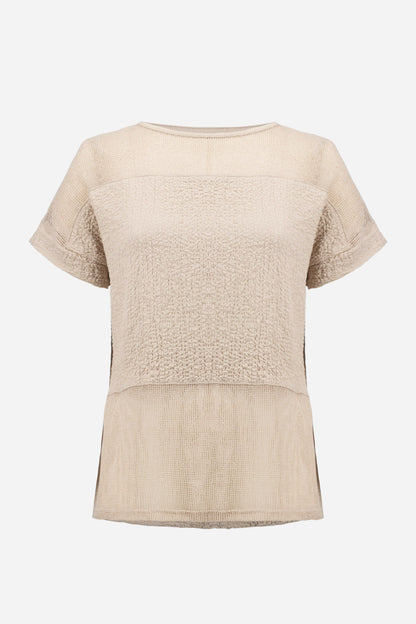 Seersucker and Mesh Boxy Top With Boat Neckline 261247