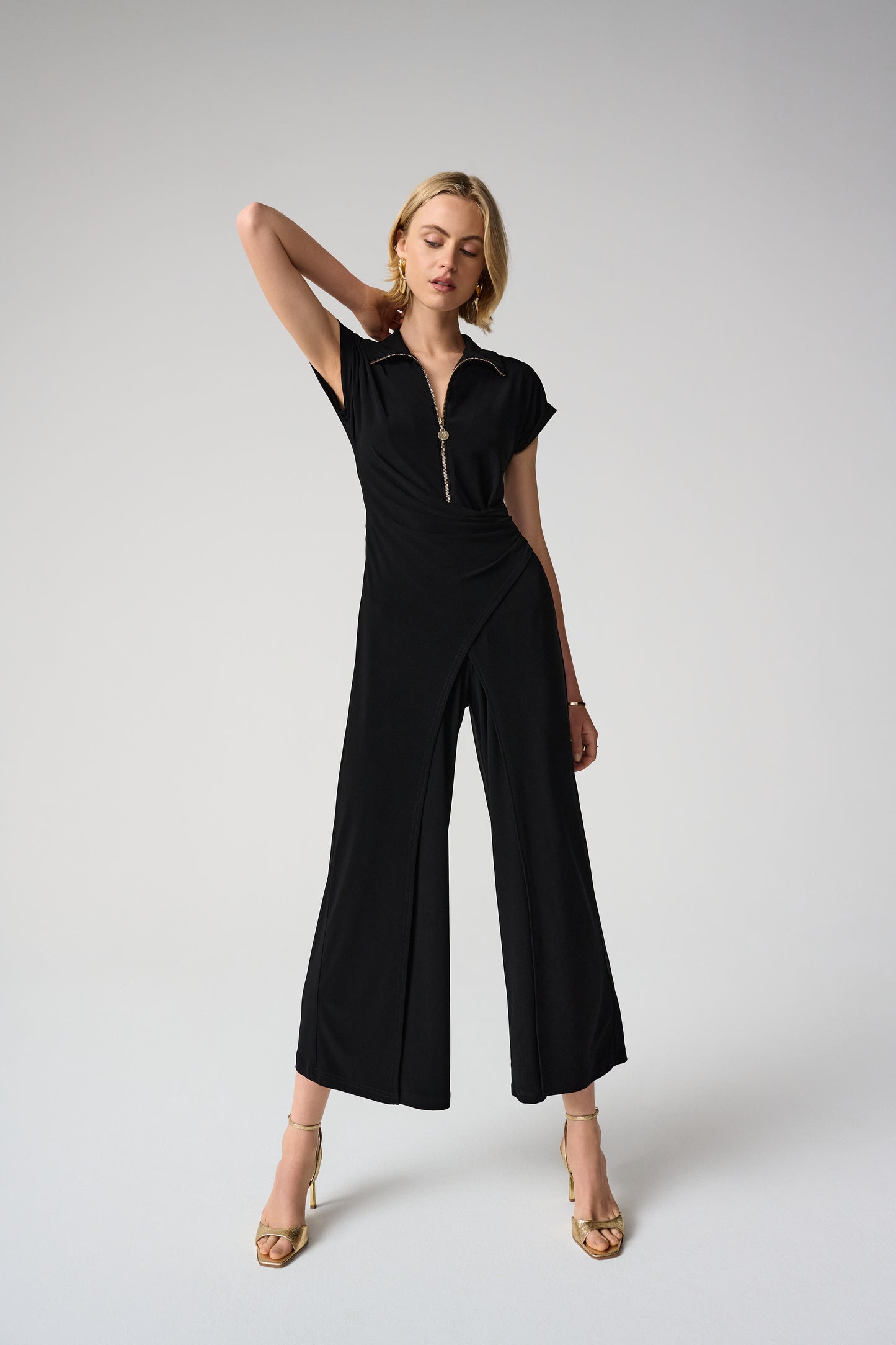 Silky Knit Culotte Jumpsuit With Gold Zipper 261255
