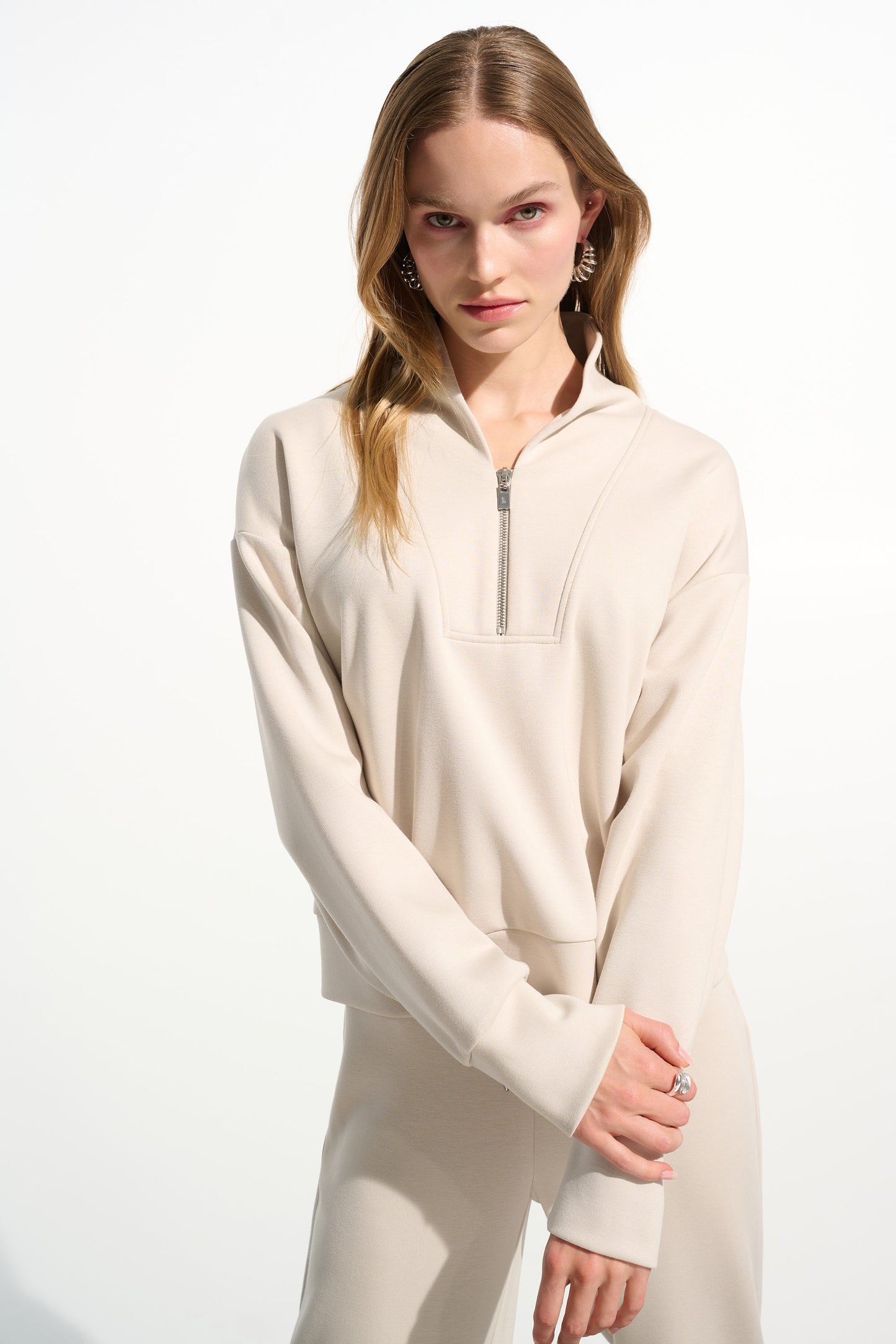 Scuba Jersey Boxy Sweatshirt With High Collar and Front Zipper 261610