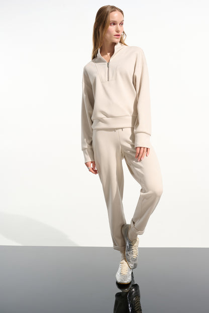 Scuba Jersey Boxy Sweatshirt With High Collar and Front Zipper 261610