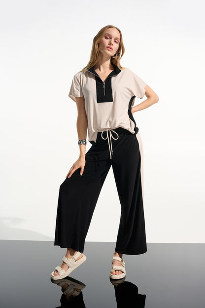 Silky Knit Color Block Straight Top With Zipped Collar 261611