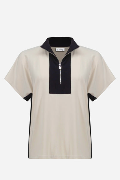 Silky Knit Color Block Straight Top With Zipped Collar 261611