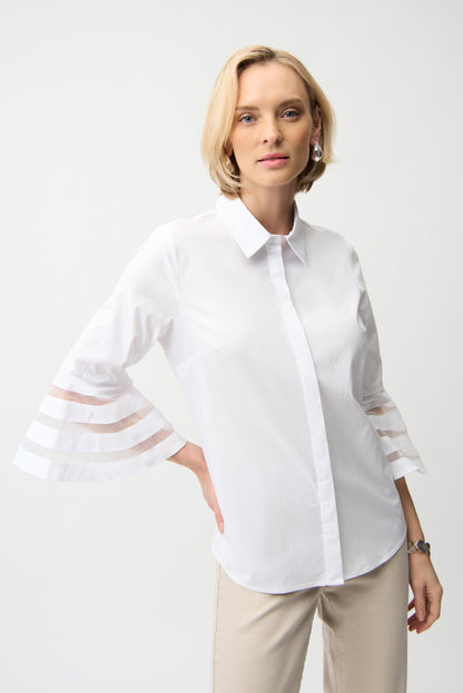 Stretch Poplin Straight Blouse with Organza Bell Sleeves 261933
