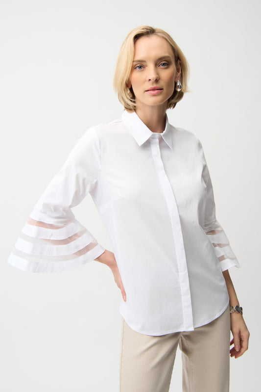 Stretch Poplin Straight Blouse with Organza Bell Sleeves 261933