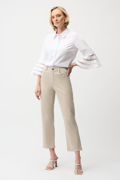 Stretch Poplin Straight Blouse with Organza Bell Sleeves 261933