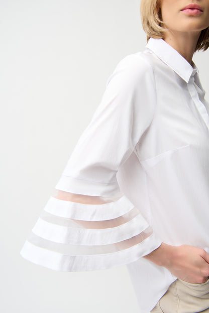 Stretch Poplin Straight Blouse with Organza Bell Sleeves 261933