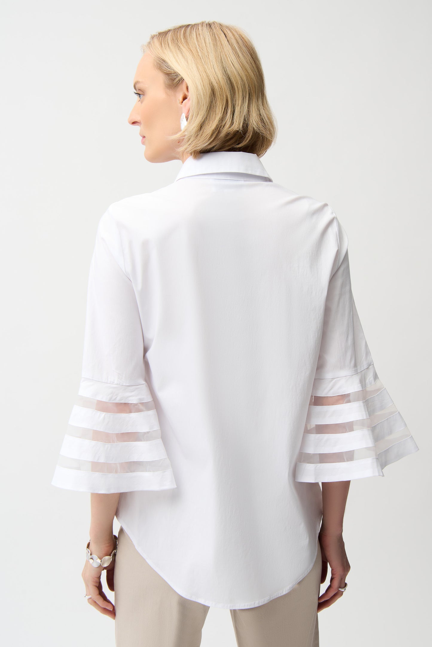 Stretch Poplin Straight Blouse with Organza Bell Sleeves 261933