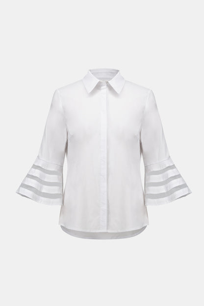 Stretch Poplin Straight Blouse with Organza Bell Sleeves 261933