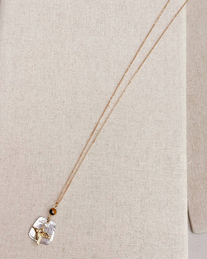 Tiger’s Eye Freshwater Pearl Hummingbird Necklace