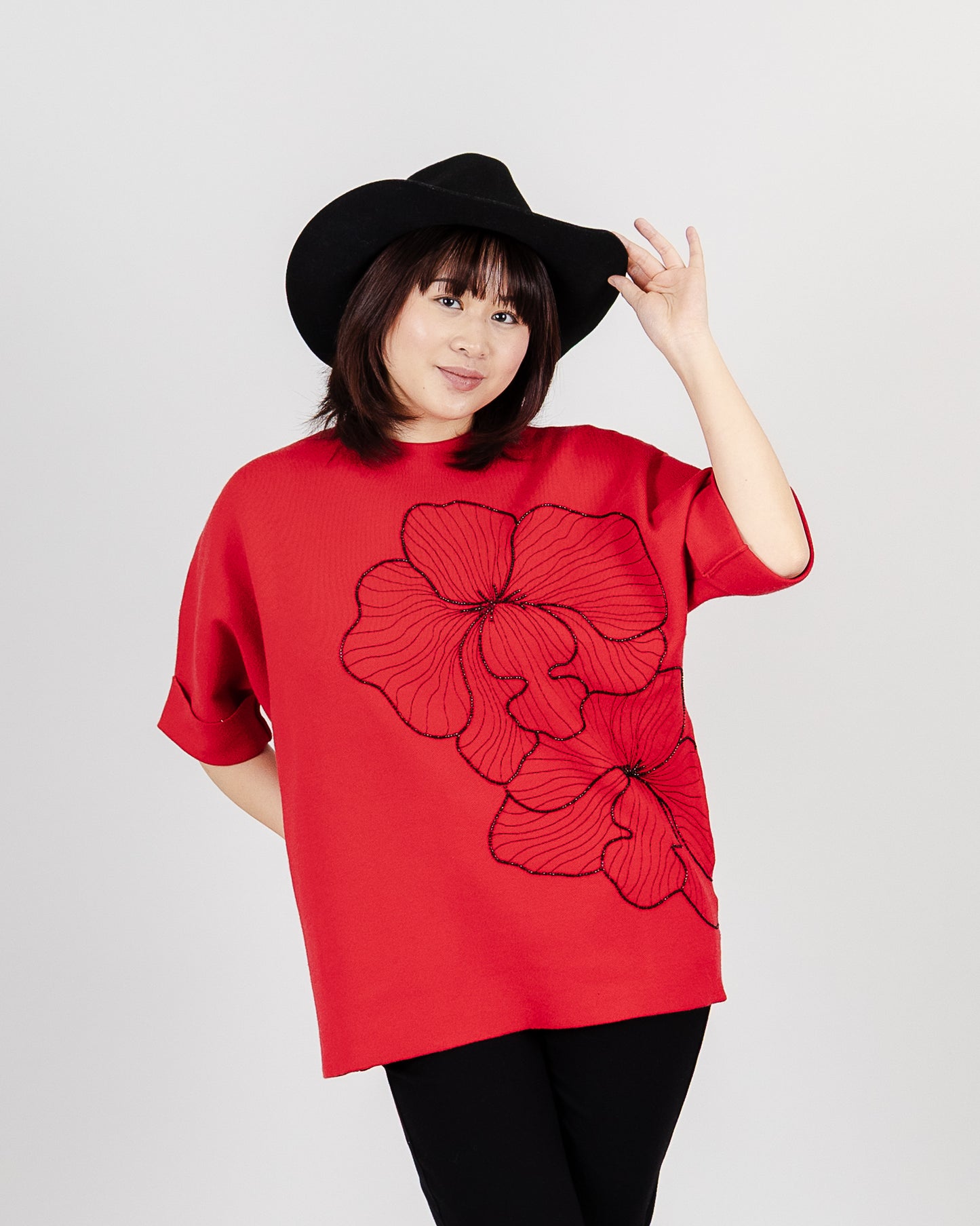 Red Floral Knit Sweater