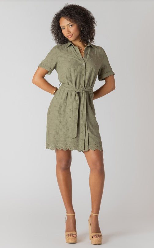 Linen SS Belted Eyelet Hem Mini Shirt Dress 2722621