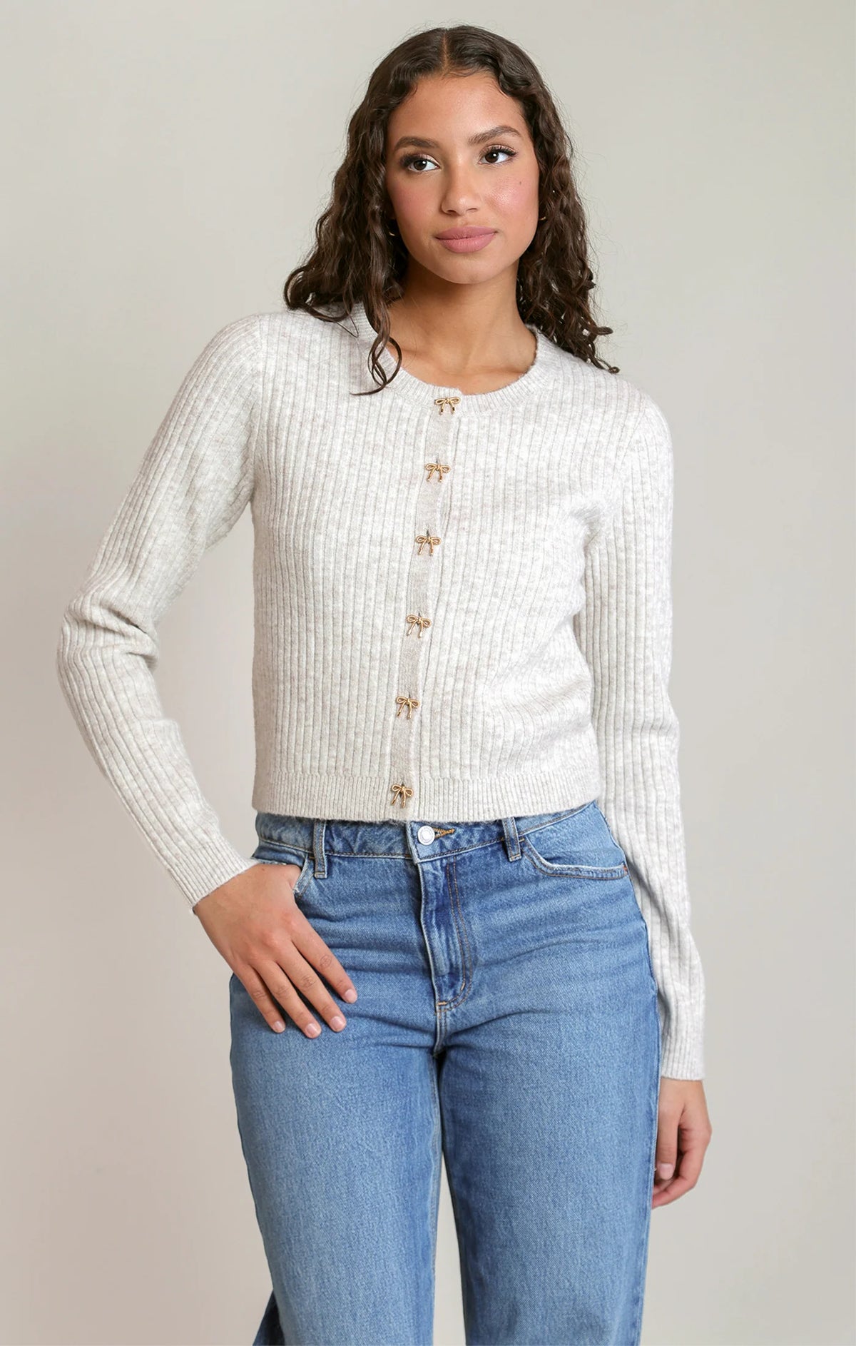 Bow Button Cropped Cardigan 2827257