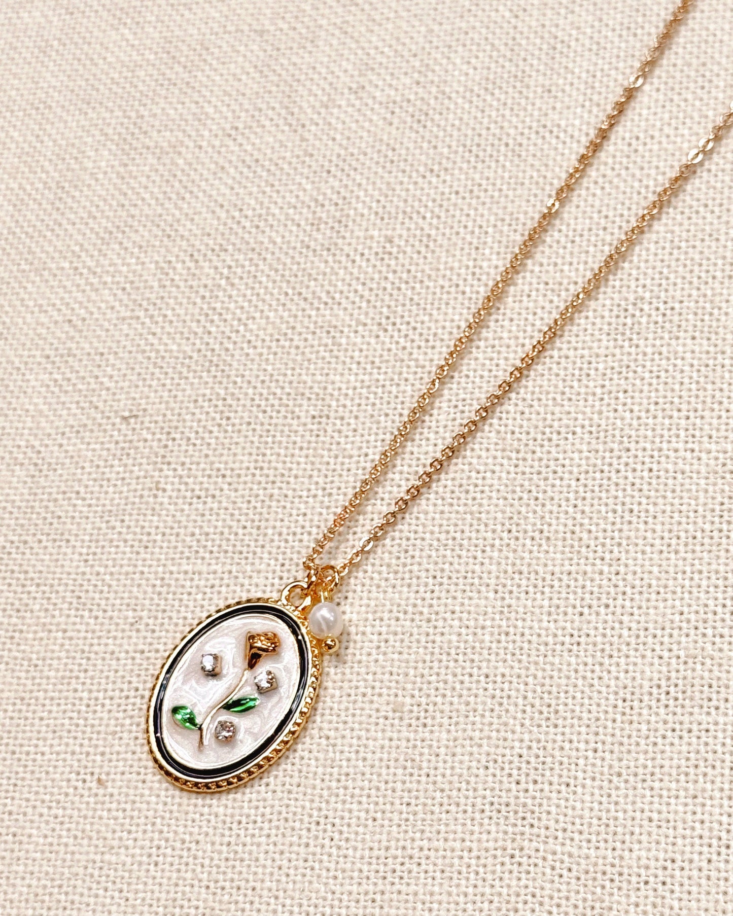 Enamel Floral Oval Charm Necklace Gold 87006