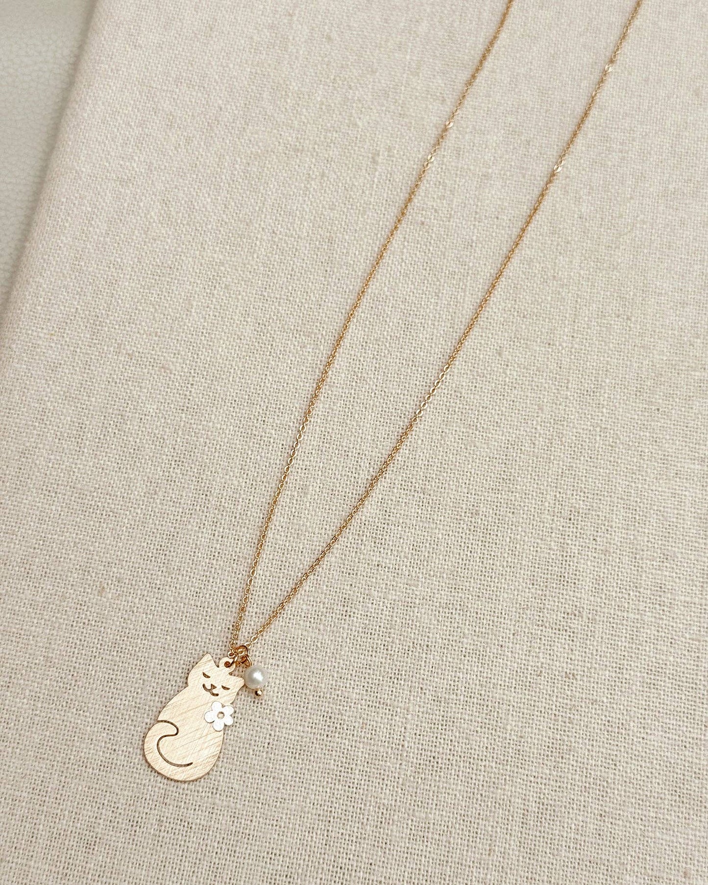 Brass Cat Charm Necklace with Pearl Accent 248772