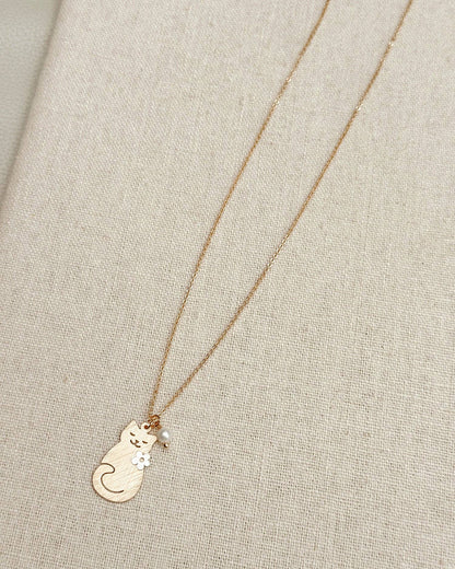 Brass Cat Charm Necklace with Pearl Accent 248772