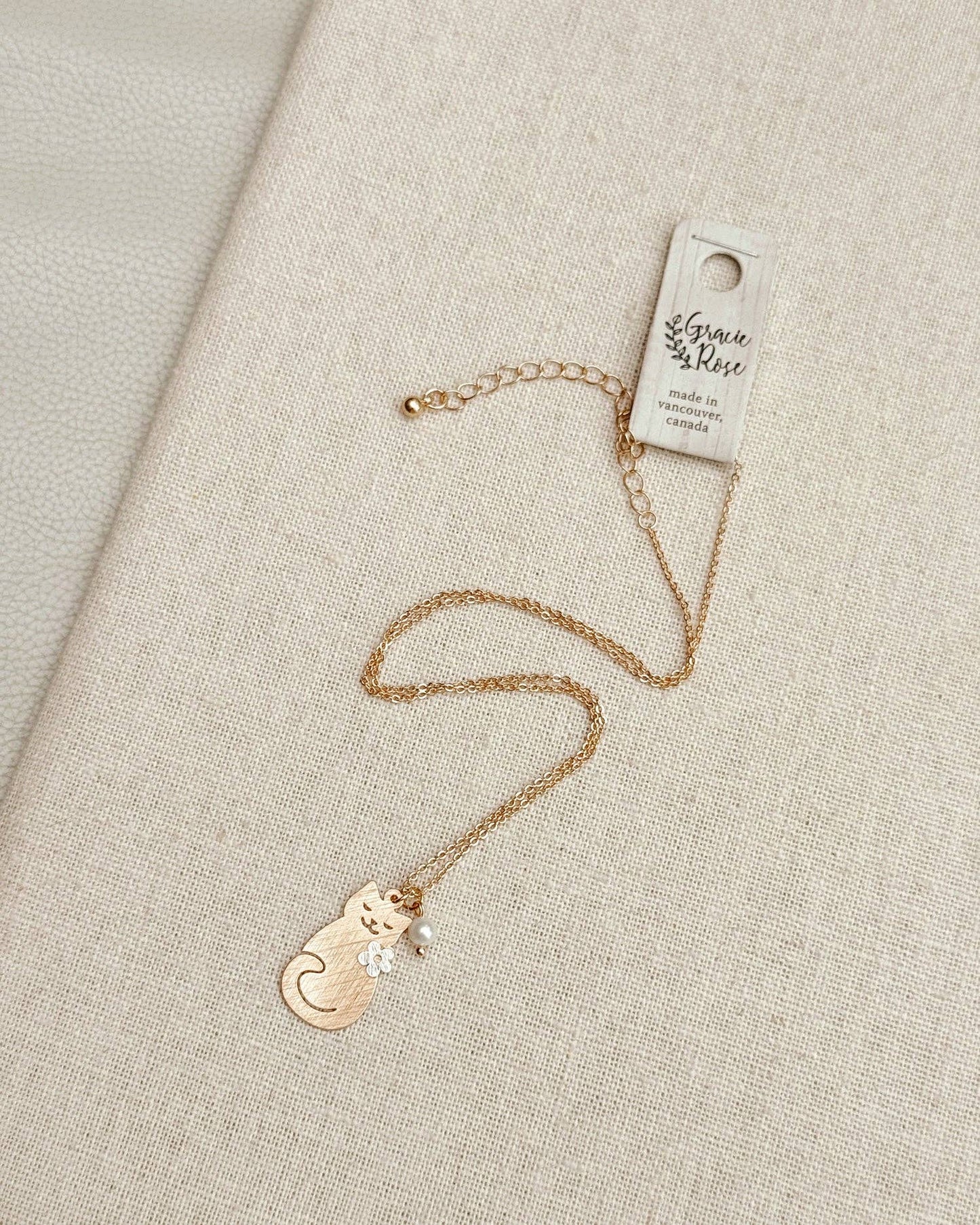 Brass Cat Charm Necklace with Pearl Accent 248772