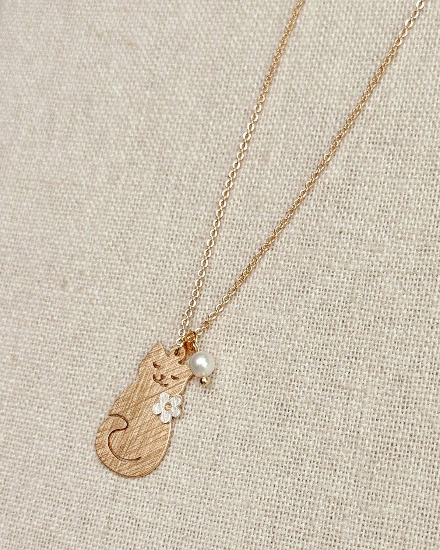 Brass Cat Charm Necklace with Pearl Accent 248772