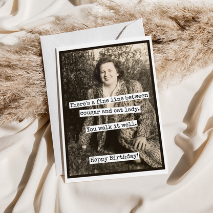 Raven's Rest Studio - Funny Birthday Card. Fine Line Cougar Cat Lady. Vintage