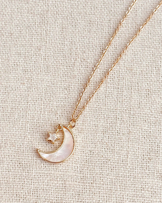 Cubic Zirconia Shell Moon & Star Charm Necklace 86111