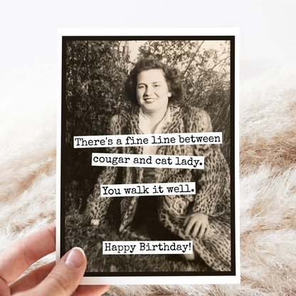 Raven's Rest Studio - Funny Birthday Card. Fine Line Cougar Cat Lady. Vintage