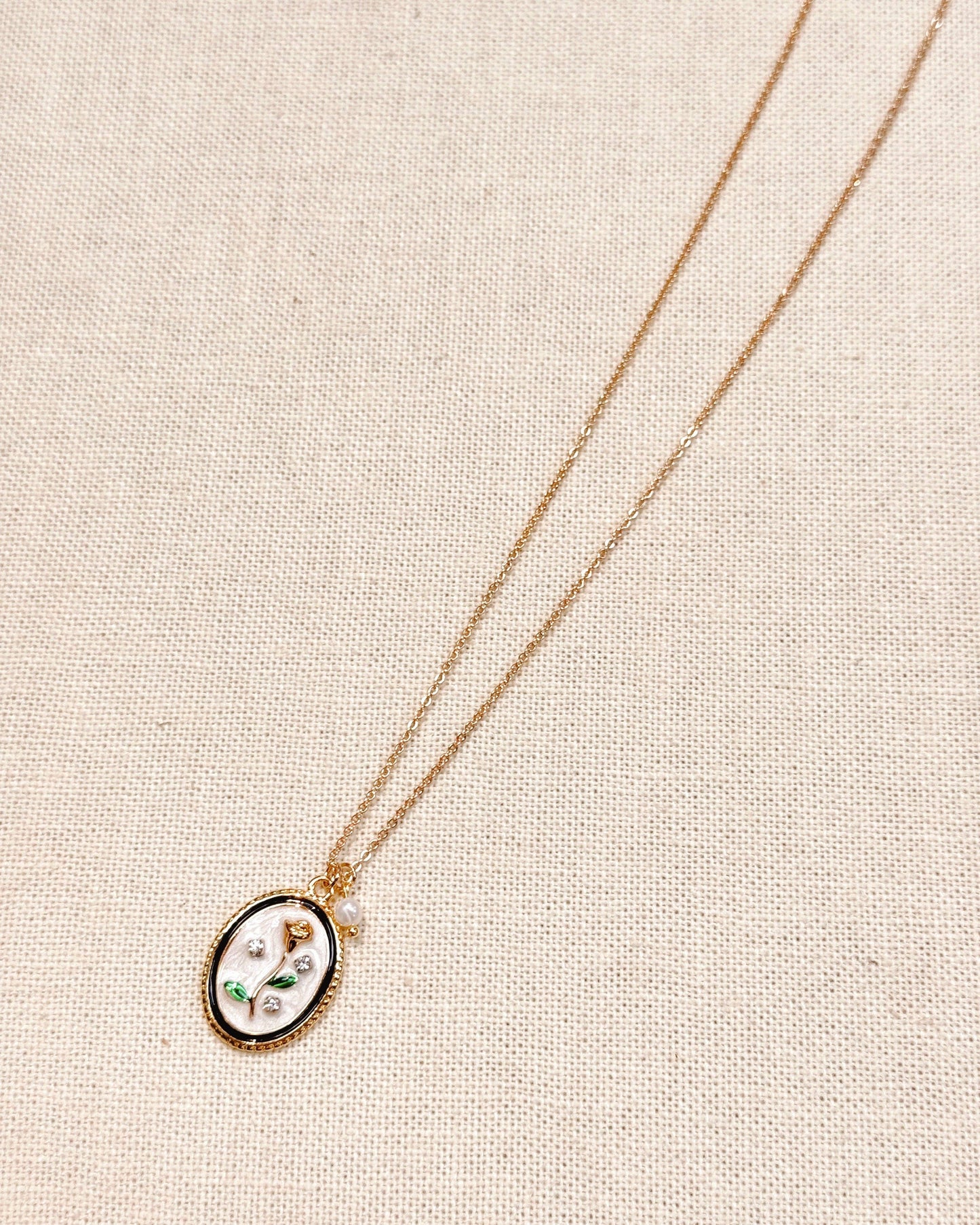 Enamel Floral Oval Charm Necklace Gold 87006