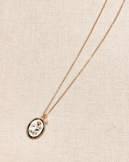 Enamel Floral Oval Charm Necklace Gold 87006
