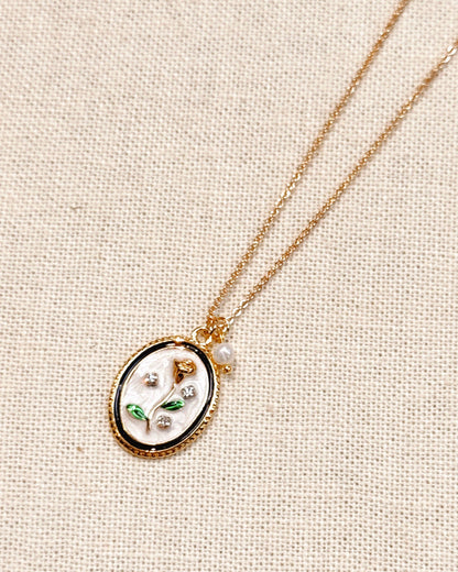 Enamel Floral Oval Charm Necklace Gold 87006