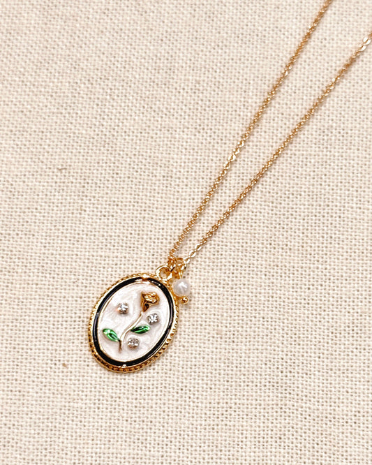 Enamel Floral Oval Charm Necklace Gold 87006