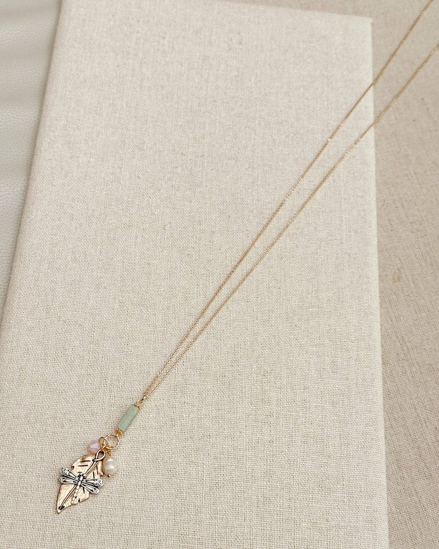 Gold Dragonfly Amazonite & Crystal Pendant Necklace