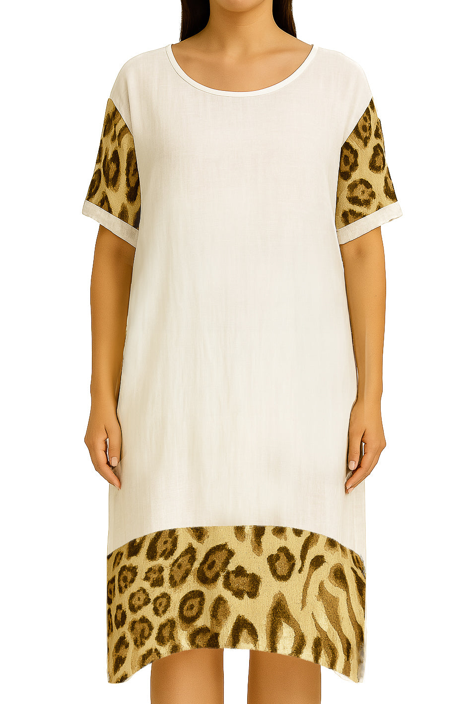 Linen Tunic Top with Leopard Print Sleeves