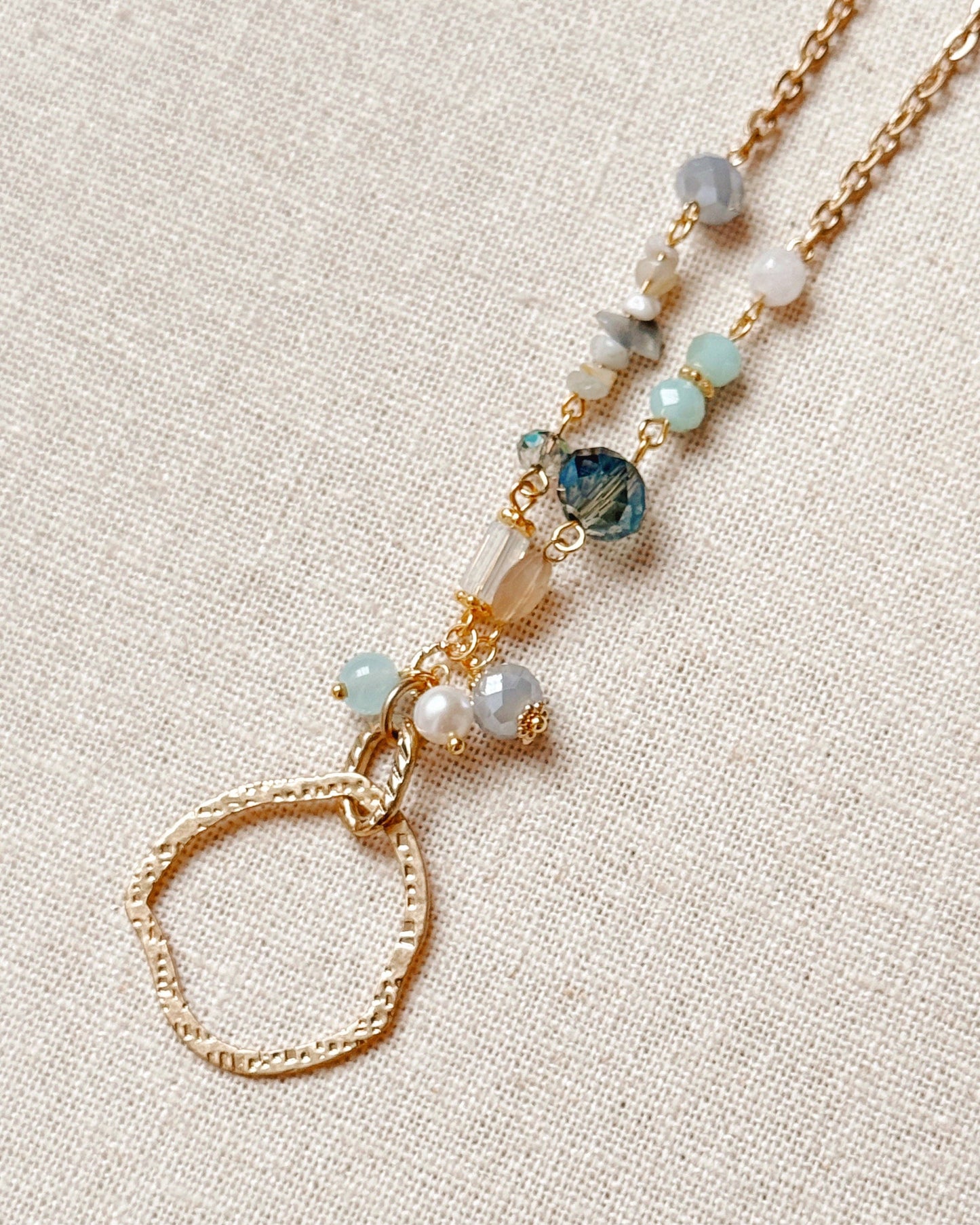 Gold Pearl & Blue Mixed Stone Circle Necklace
