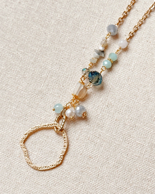 Gold Pearl & Blue Mixed Stone Circle Necklace 38197